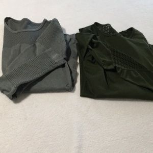 Active wear long sleeved workout shirts both have vented necks & sleeves